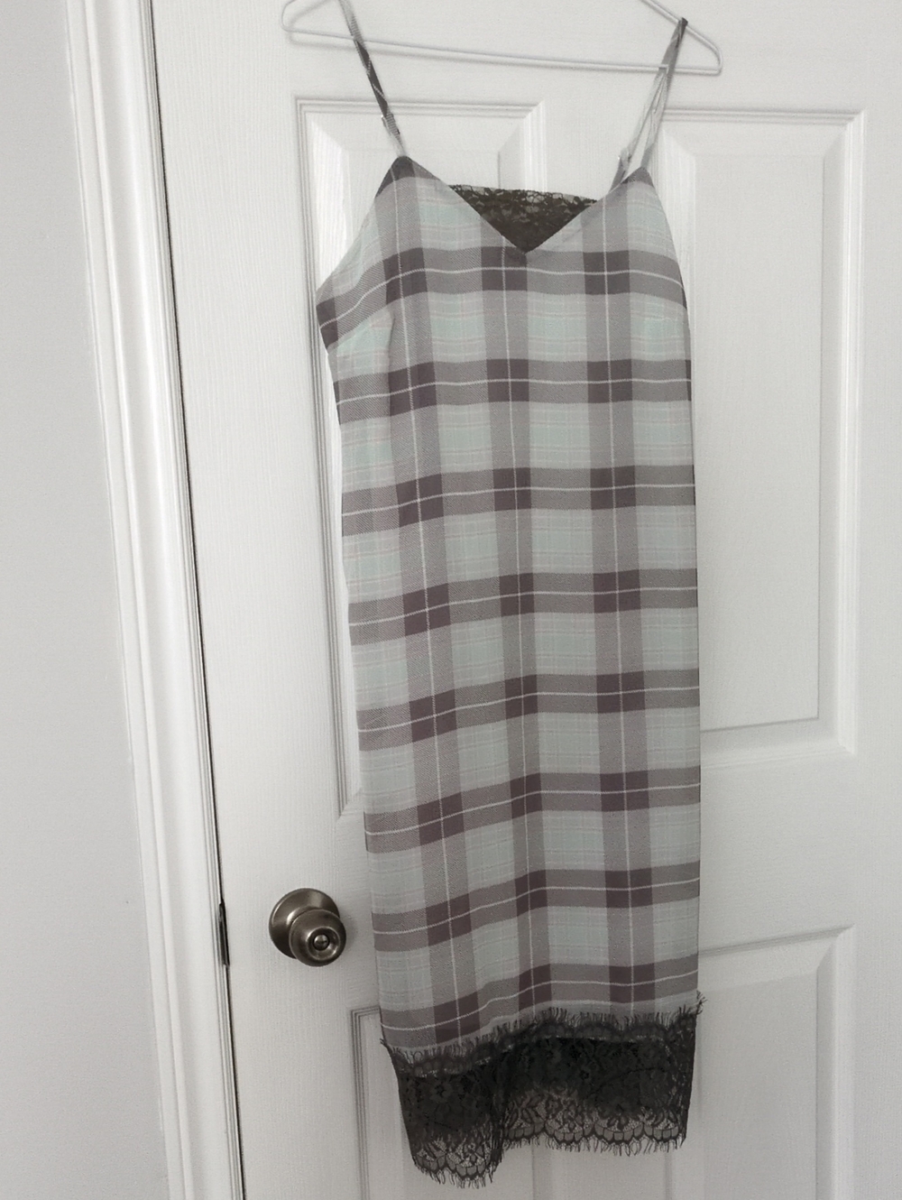 Xhilaration Gray & Mint Plaid Slip Dress with Lace Detail